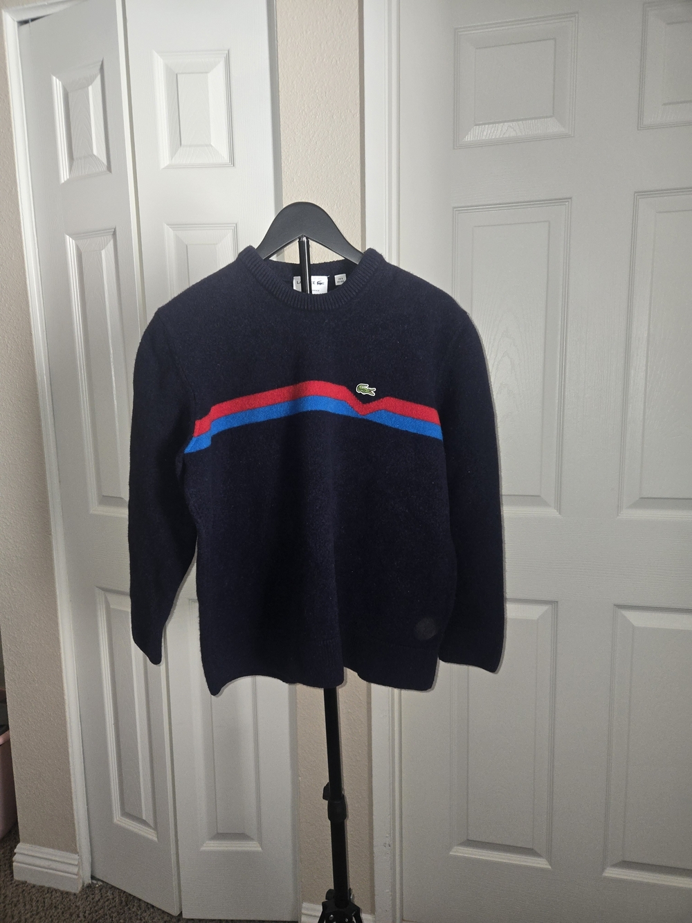 Lacoste Men's Navy Crewneck Sweater with Red & Blue Stripe